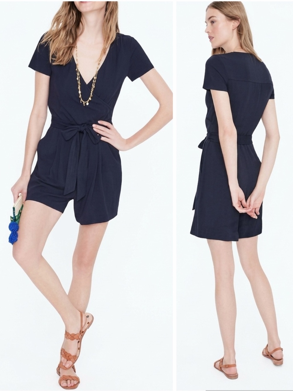 Boden Navy Blue Jersey Faux Wrap Romper Shorts Pockets Summer Modal Size US 10
